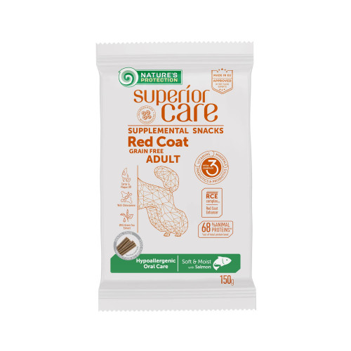 Беззернові ласощі Nature's Protection SC Red Coat Hypoallergenic Oral Care для дорослих собак, з рудою шерстю, лосось, 150 г