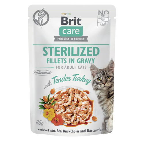 Влажный корм Brit Care Cat Fillets in Gravy для стерилизованных кошек, филе в соусе, с индейкой, пауч, 85 г