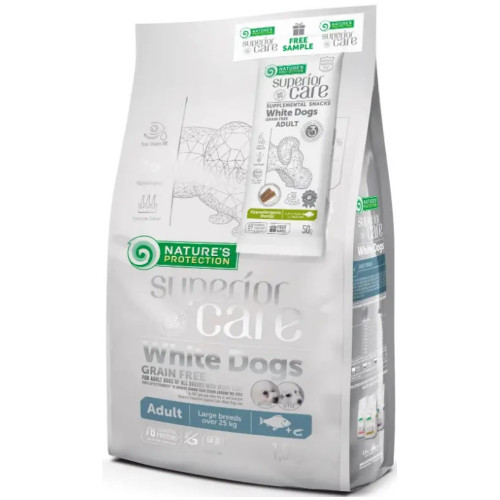 Сухой беззерновой корм Nature's Protection Superior Care White Dogs Large Breeds для взрослых собак, белая рыба и криль, 1.5 кг + лакомство 50 г