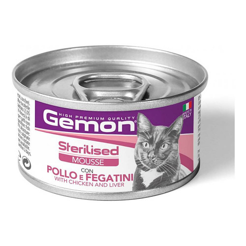 Консервы Gemon Cat Wet Sterilised мясной мусс для стерилизованных кошек, курица и ливер, 85 г