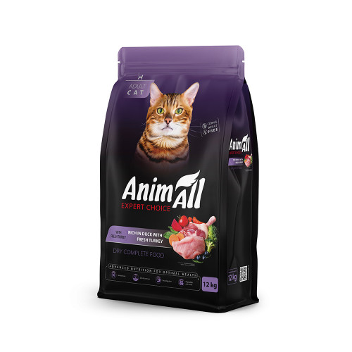 Сухой корм AnimAll для взрослых кошек, со свежей индейкой и уткой, 12 кг