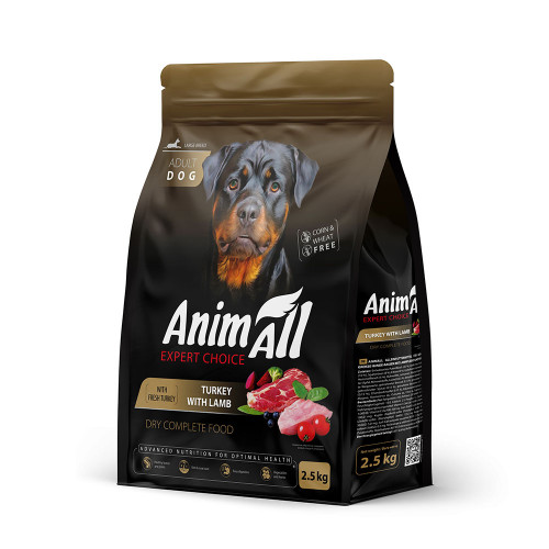 Сухой корм AnimAll для взрослых собак крупных пород, со свежей индейкой и ягненком, 2.5 кг