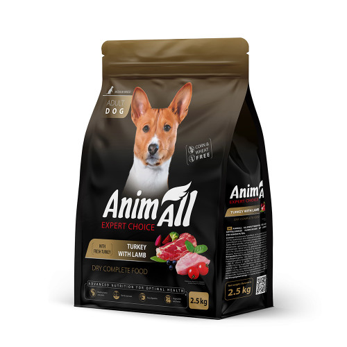 Сухой корм AnimAll для взрослых собак средних пород, со свежей индейкой и ягненком, 2.5 кг