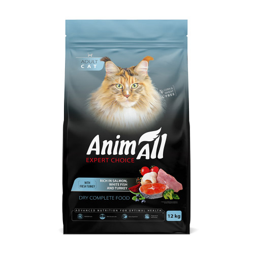 Сухой корм AnimAll для кошек, с лососем, белой рыбой и свежей индейкой, 12 кг
