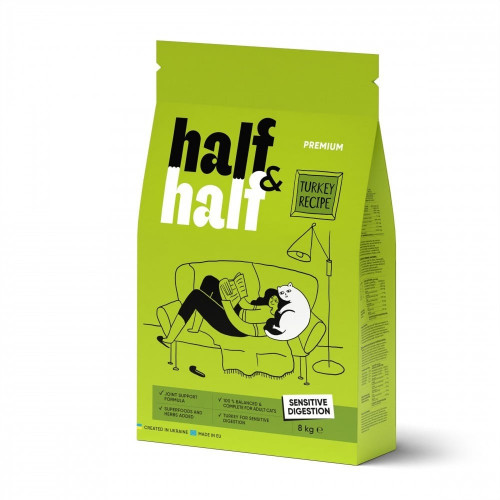 Сухой корм Half&Half для кошек с чувствительным пищеварением, с индейкой, 8 кг