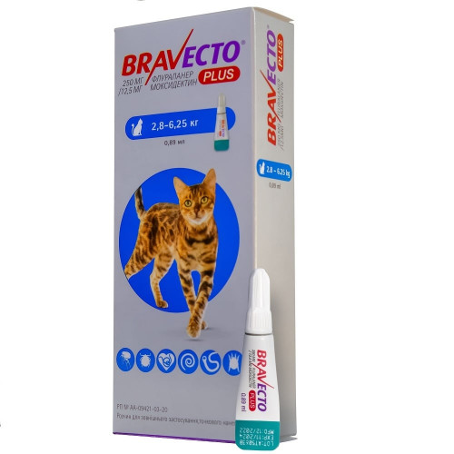 Противопаразитарные капли Bravecto Plus Cat Spot-On для кошек весом 2.8-6.25 кг, 250 мг