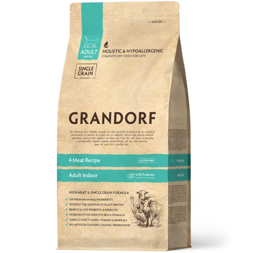 Сухой корм Grandorf Four Meat Adult Indoor для кошек с нормальной активностью от 1 года и старше, 4 вида мяса и пробиотики, 400 г