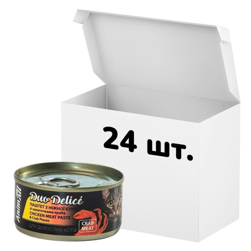 Упаковка консервов AnimAll Duo Delice для кошек, паштет из курицы с кусочками краба, 80 г, 24 штуки