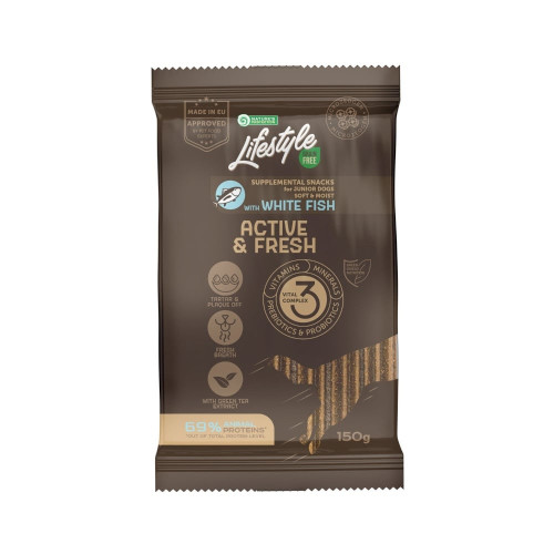 Беззернові ласощі Nature's Protection Lifestyle Grain Free White fish Active & Fresh для молодих собак, з білою рибою, 150 г