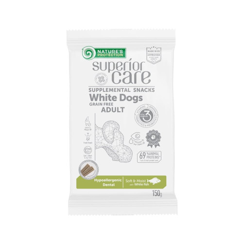 Беззернові ласощі Nature's Protection Superior Care Hypoallergenic & Dental Care для дорослих собак з білою шерстю, біла риба, 150 г