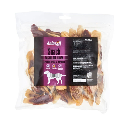 Ласощі AnimAll Snack кролячі вуха з м'ясом качки, для собак, 500 г