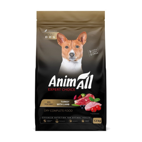Сухий корм AnimAll для дорослих собак середніх порід, зі свіжою індичкою та ягням, 12 кг