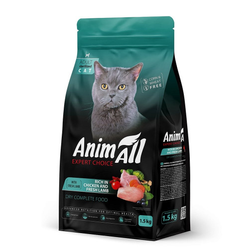 Сухий корм AnimAll для стерілізованих котів, з куркою та свіжою ягнятиною, 1.5 кг
