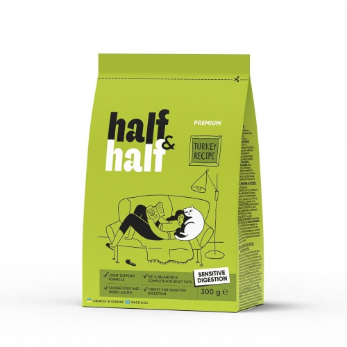 Сухий корм Half&Half для котів із чутливим травленням, з індичкою, 300 г