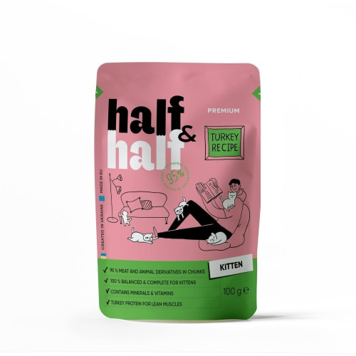 Влажный корм Half&Half для котят, кусочки с индейкой в желе, пауч, 100 г Влажный корм Half&Half для котят, кусочки с индейкой в желе, пауч, 100 г