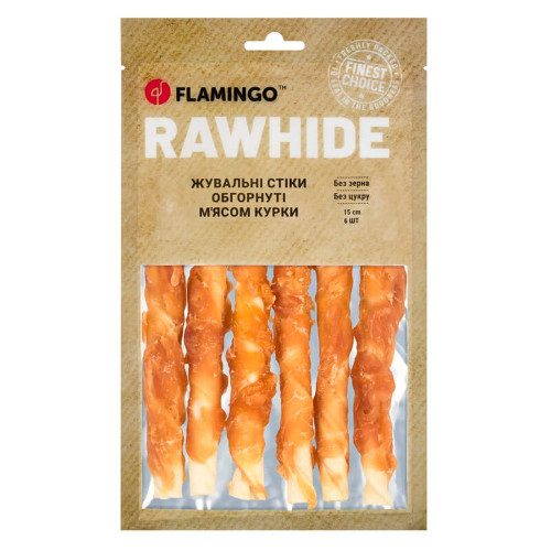 Лакомство Flamingo СНЕК R'HIDE, жевательные стики из говяжьей кожи, обернутые мясом курицы, для собак, 180 г (6 шт, 15 см)