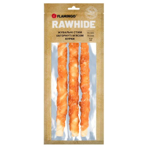 Лакомство Flamingo СНЕК R'HIDE, жевательные стики из говяжьей кожи, обернутые мясом курицы, для собак, 240 г (3 шт, 25 см)