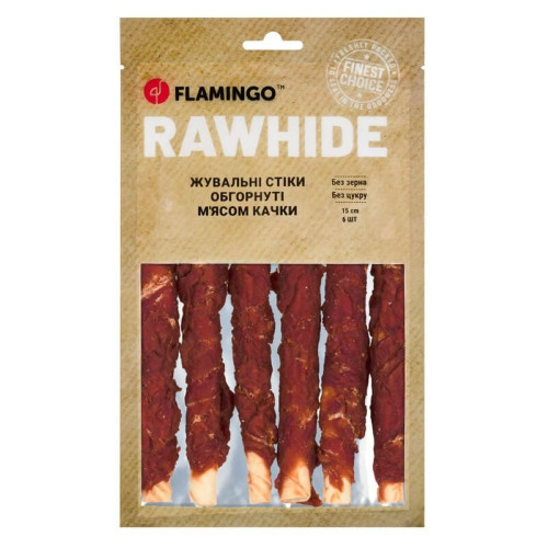 Лакомство Flamingo СНЕК R'HIDE, жевательные стики из говяжьей кожи, обернутые мясом утки, для собак, 180 г (6 шт, 15 см)