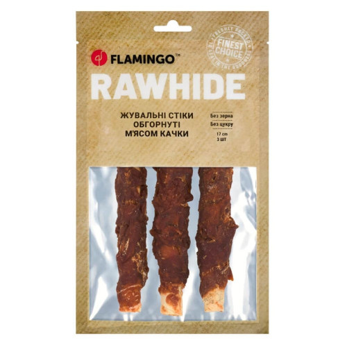 Лакомство Flamingo СНЕК R'HIDE, жевательные стики из говяжьей кожи, обернутые мясом утки, для собак, 155 г ( 3 шт, 17 см)