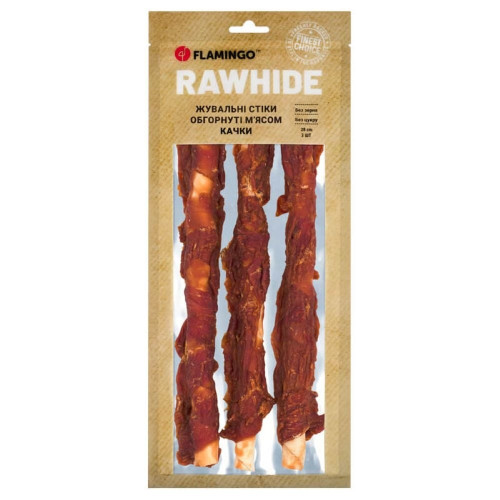 Лакомство Flamingo СНЕК R'HIDE, жевательные стики из говяжьей кожи, обернутые мясом утки, для собак, 240 г (3 шт, 25 см)