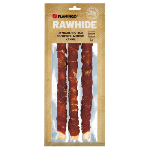 Лакомство Flamingo СНЕК R'HIDE, жевательные стики из говяжьей кожи, обернутые мясом утки, для собак, 280 г (3 шт, 28 см)