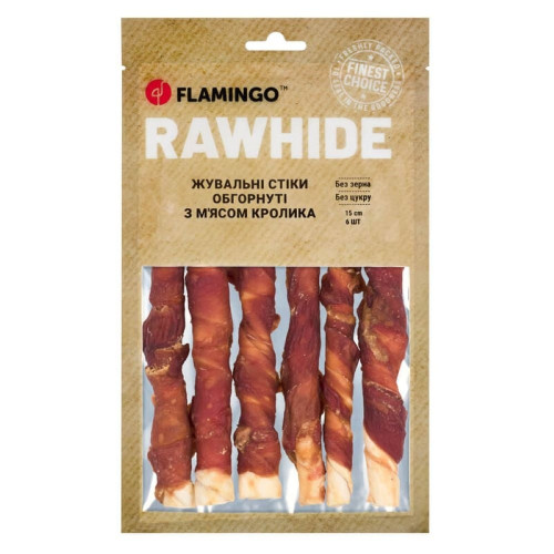 Лакомство Flamingo СНЕК R'HIDE, жевательные стики из говяжьей кожи, обернутые мясом кролика, для собак, 180 г (6 шт, 15 см)