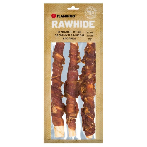 Лакомство Flamingo СНЕК R'HIDE, жевательные стики из говяжьей кожи, обернутые мясом кролика, для собак, 240 г (3 шт, 25 см)