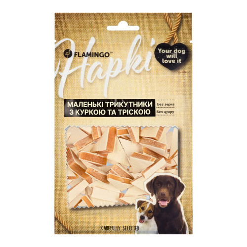 Ласощі Flamingo для собак, маленькі трикутники з куркою та рибою, 75 г