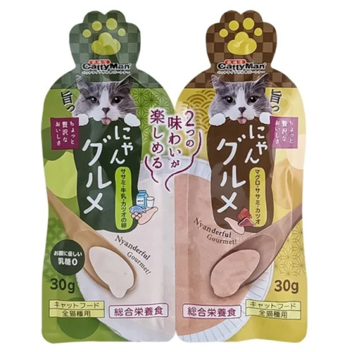 Влажный корм CattyMan Complete Twins Pouch крем-пюре два вкуса: курица, молоко, икра и тунец, курица, макрель, для кошек, 60 г