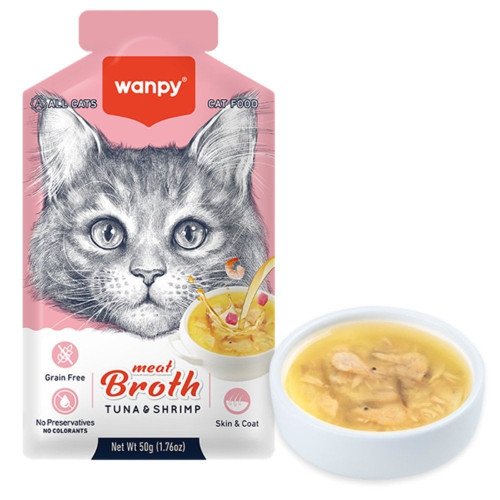 Беззерновой влажный корм Wanpy Meat Broths Tuna&Shrimp для кошек, с тунцом и креветками, суп, 50 г