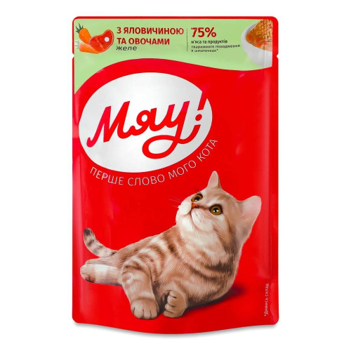 Вологий корм Мяу! для котів, з яловичиною та овочами в желе, пауч, 85 г Вологий корм Мяу! для котів, з яловичиною та овочами в желе, пауч, 85 г