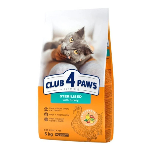 Сухий корм CLUB 4 PAWS Premium для котів, для стерилізованих дорослих, з індичкою, 5 кг Сухий корм CLUB 4 PAWS Premium для котів, для стерилізованих дорослих, з індичкою, 5 кг