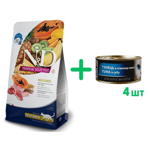 Сухий низькозерновий корм Farmina N&D TROPICAL SELECTION для стерилізованих дорослих котів, з ягням та тропічними фруктами, 1,5 кг + 4 консерви у подарунок