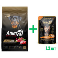 Сухой корм AnimAll для взрослых собак крупных пород, со свежей индейкой и ягненком, 12 кг + 12 паучей влажного корма в подарок Сухой корм AnimAll для взрослых собак крупных пород, со свежей индейкой и ягненком, 12 кг + 12 паучей влажного корма в подарок