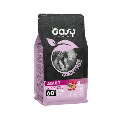 Беззерновий сухий корм Oasy Cat Grain Free Sterilized для стерилізованих котів, свинина з яблуком та шипшиною, 0.3 кг