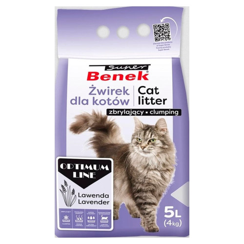 Бентонитовый наполнитель Super Benek Optimum для кошачьего туалета, с ароматом лаванды, 5 л