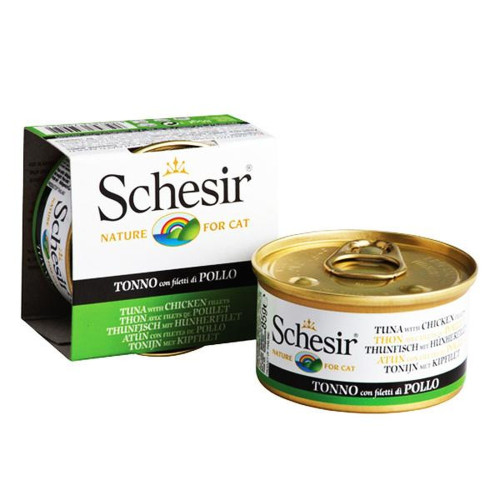 Консерви Schesir Tuna Chicken для котів, тунець з курячим філе і рисом, банку, 85 г
