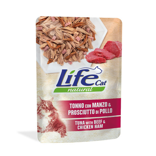 Влажный корм LifeCat Tuna With Beef And Ham для взрослых кошек, тунец с говядиной и куриной ветчиной, 70 г