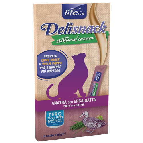 Лакомство LifeCat Deli Snack Natural Cream для кошек, крем-снек на основе мяса утки и кошачьей мяты, 6 штук по 15 г