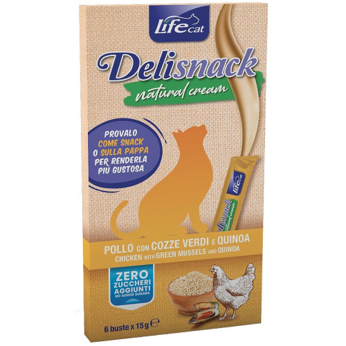 Лакомство LifeCat Deli Snack Natural Cream для кошек, крем-снек на основе мяса курицы с мидиями и киноа, 6 штук по 15 г