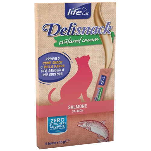 Лакомство LifeCat Deli Snack Natural Cream для кошек, крем-снек на основе мяса лосося, 6 штук по 15 г