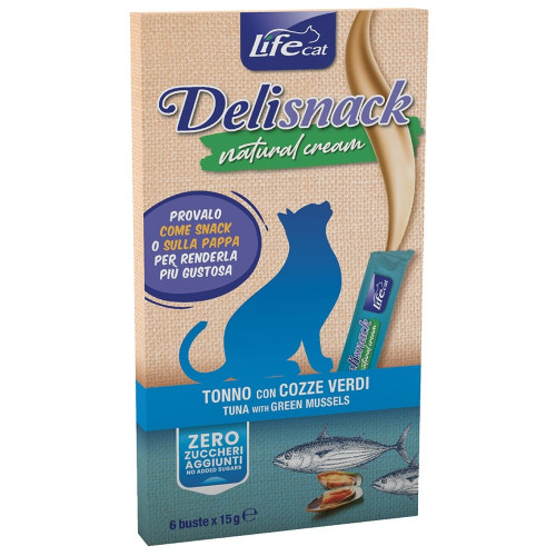 Лакомство LifeCat Deli Snack Natural Cream для кошек, крем-снек на основе мяса тунца и мидий, 6 штук по 15 г
