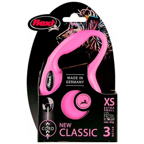 Рулетка-поводок Flexi New Classic XS, для собак и кошек до 8 кг, 3 м, трос, розовая