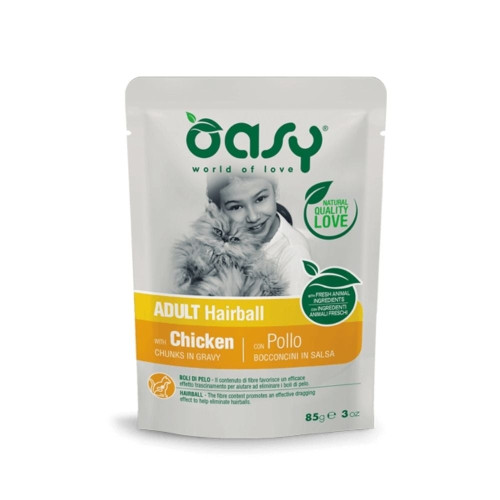 Влажный корм Oasy Cat Wet Adult Hairball для взрослых кошек для выведения шерсти, курица, 85 г