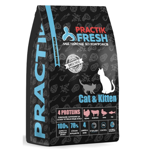 Сухой корм Practik Fresh Cat&Kiiten 4 Proteins для котят и кошек, 1 кг