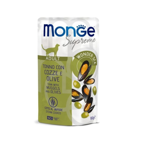 Вологий корм Monge Cat Wet Adult для дорослих котів, тунeць з мідіями та оливками, 80 г Вологий корм Monge Cat Wet Adult для дорослих котів, тунeць з мідіями та оливками, 80 г