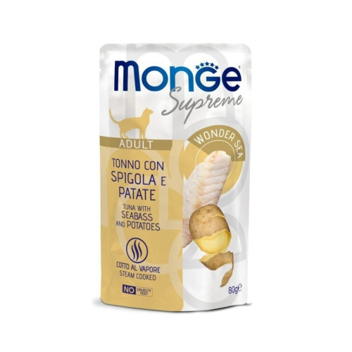 Вологий корм Monge Cat Wet Adult для дорослих котів, тунeць з сибасоv та картоплею, 80 г Вологий корм Monge Cat Wet Adult для дорослих котів, тунeць з сибасоv та картоплею, 80 г
