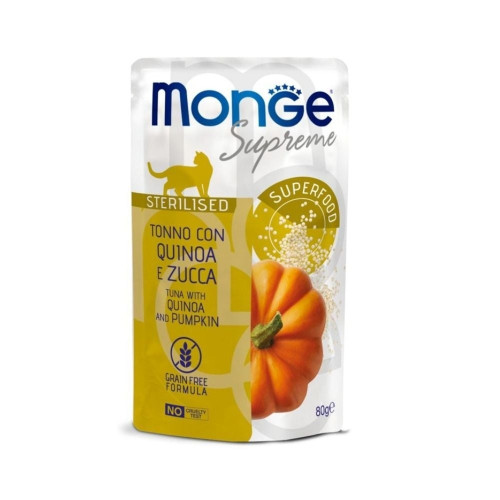 Вологий корм Monge Cat Wet Sterilised для стерилізованих котів, тунець з кіноа та гарбузом, 80 г Вологий корм Monge Cat Wet Sterilised для стерилізованих котів, тунець з кіноа та гарбузом, 80 г