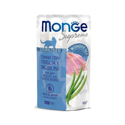 Вологий корм Monge Cat Wet Sterilised для стерилізованих котів, тунeць з кефаллю та стручковою квасолею, 80 г Вологий корм Monge Cat Wet Sterilised для стерилізованих котів, тунeць з кефаллю та стручковою квасолею, 80 г