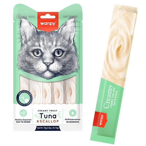 Ласощі Wanpy Creamy Lickable Treats Tuna&Scallop з тунцем, морським гребінцем, вітамінами і таурином, для котів, 5×14 г